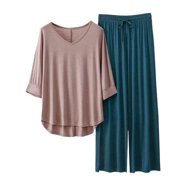 Conjunto de pijama con cuello en V para mujer: top de manga 3/4 y pantalones anchos, color liso, ropa de dormir ligera, tallas L/XL