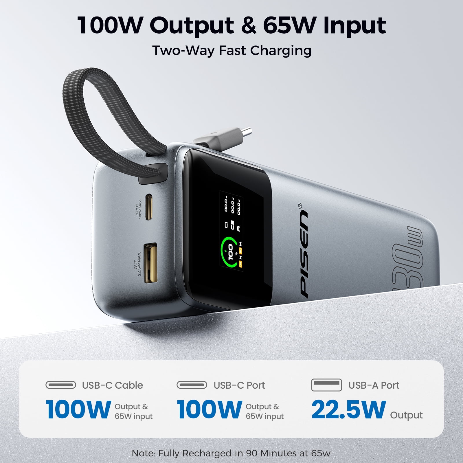 PISEN 3C Certified Power Bank-20000mAh 130W Power Bank,Travel Battery Pack Portable 3C Charger with LED Display, Portable Charger with Built in Cable for iPhone, Samsung and More