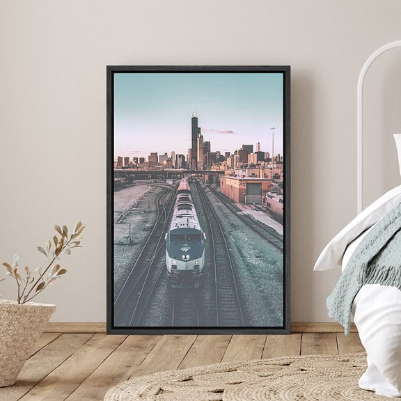 PixonSign Framed Canvas Print Wall Art Long Train and City Horizon Places Cityscape Photography Modern Art Bohemian Scenic Colorful Multicolor Ultra for Living Room, Bedroom, Office - 16"x24" Black