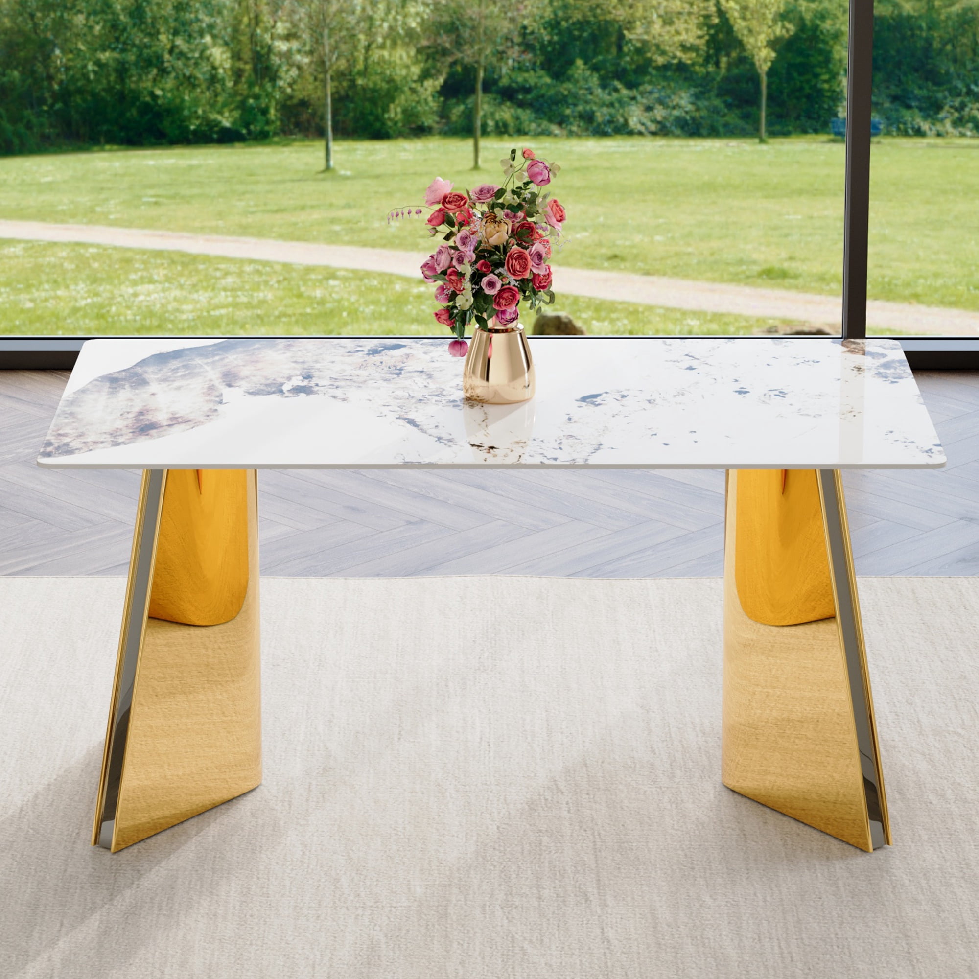 PORKISS Rectangular Dining Table for 4-6 People, Kitchen Table with Pandora Patterned Sintered Stone Top and Golden Stainless Steel Butterfly Legs, Scratch and Heat Resistant, White+Gold #1
