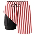 thumbnail image 4 of Telankuip Mens Red and White Stripes Printed Swim Trunks Trendy Drawstring Stretch Waisted Double-Layer Swim Shorts with Compression Liner Pockets Casual Loose Fit Beach Shorts Red XL, 4 of 4