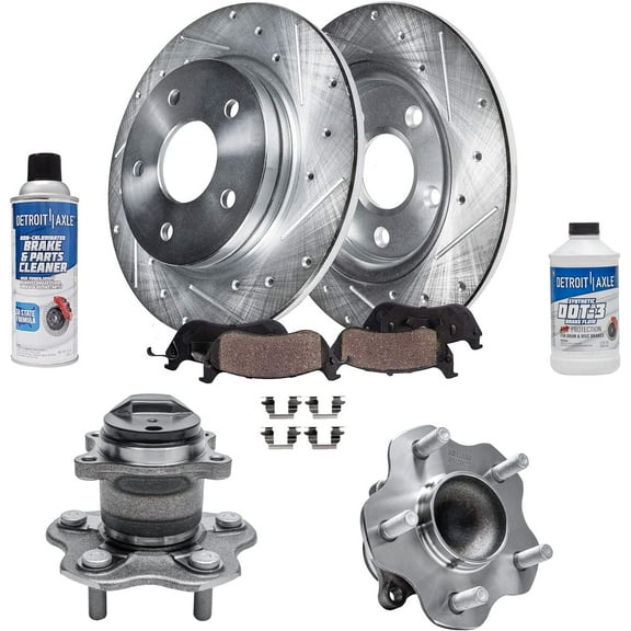 Detroit Axle - Rear Brake Kit for 13-19 Nissan Sentra, 11.46'' Drilled & Slotted Brake Rotors Ceramic Brake Pads Wheel Bearing & Hubs 2013 2014 2015 2016 2017 2018 2019 Replacement