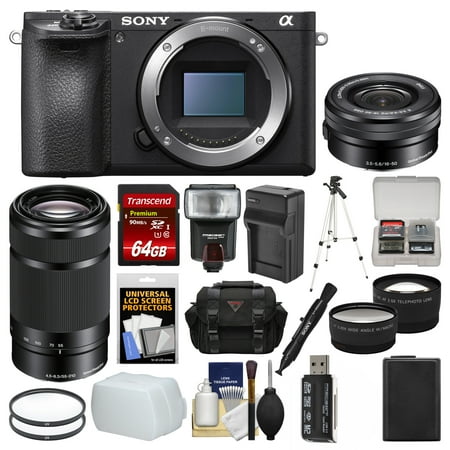 Sony Alpha A6500 4K Wi-Fi Digital Camera Body with 16-50mm & 55-210mm Lenses + 64GB Card + Case + Flash + Battery & Charger + Tripod Kit