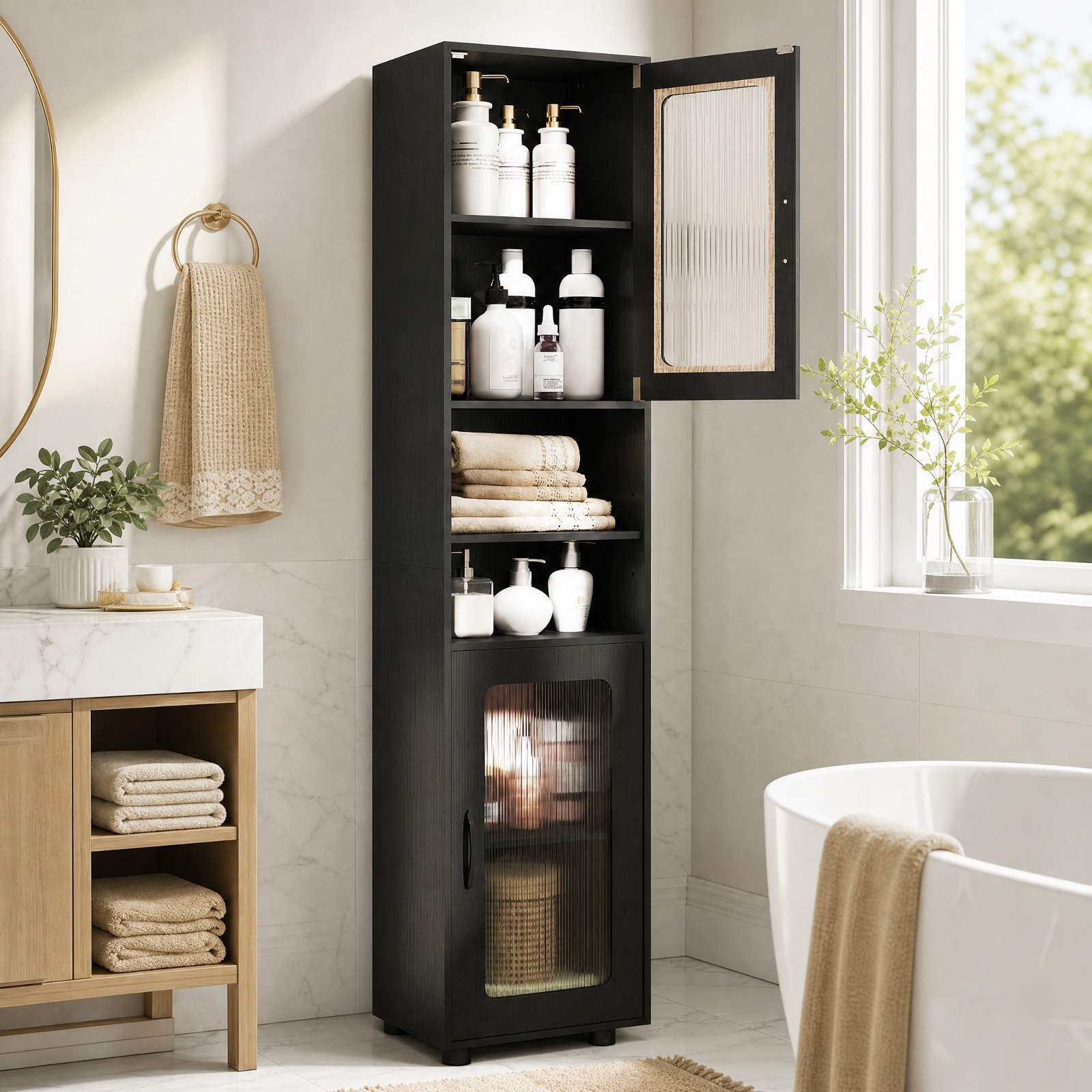 Vebreda Freestanding Bathroom Storage Cabinet, Tall Bathroom Storage Cabinet 67 Inches Freestanding Storage Organizer, Flexible Storage Options