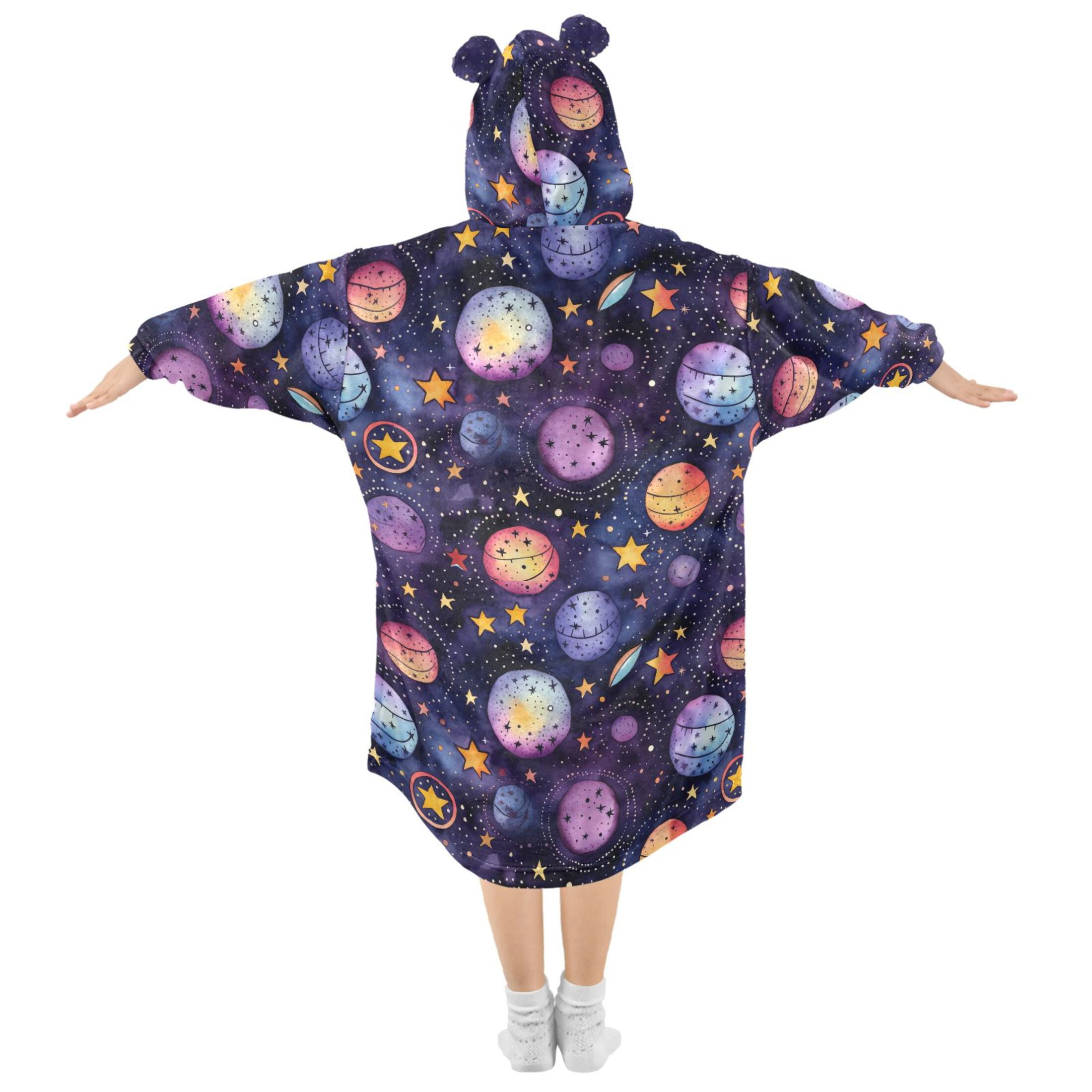 Dailycode Wearable Blanket Hoodie Oversized Sherpa Flannel Blankets with Pocket for 3-14 Year Old Cartoon Planet and Star