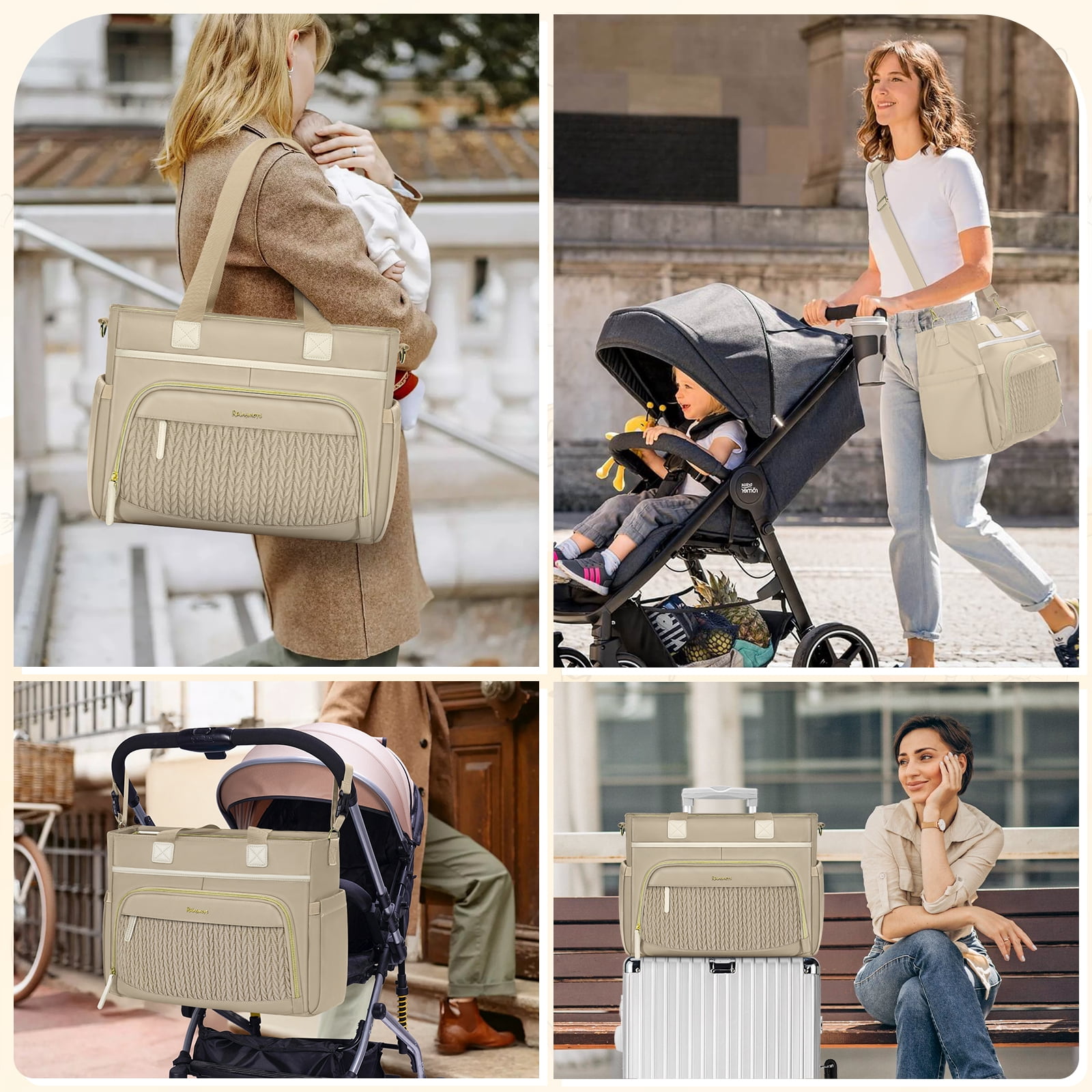 RAINSMORE Diaper Bag Tote, Large Diaper Baby Bag Waterproof Multifunctional Diaper Bag with Pacifier Case & Changing Pad