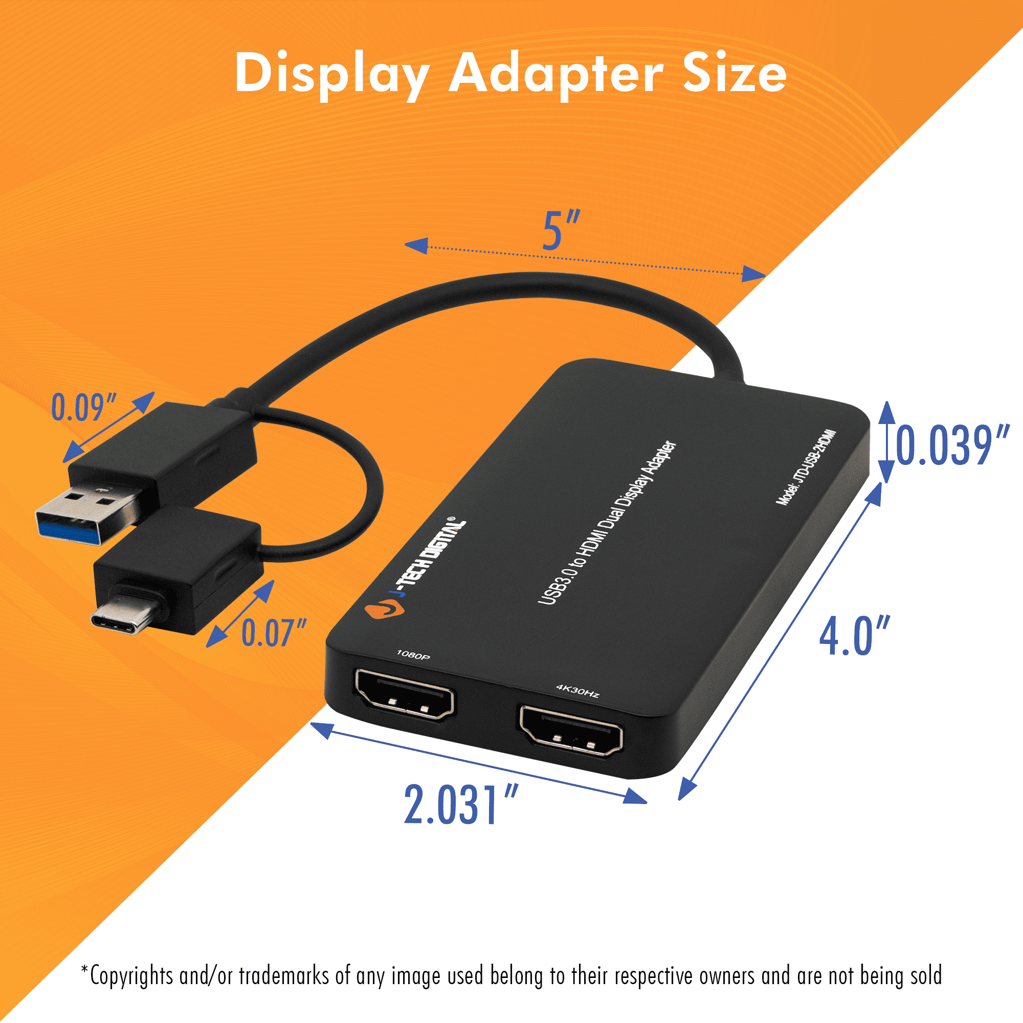 USB 3.0 (Type A/C) to Dual HDMI 4K 30Hz & 108P 60Hz Display Adapter | Features USB-A or USB-C Inputs, USB Powered, Mirror, Extend, Rotation, Clamshell Modes by J-Tech Digital [JTD-USB-2HDMI]