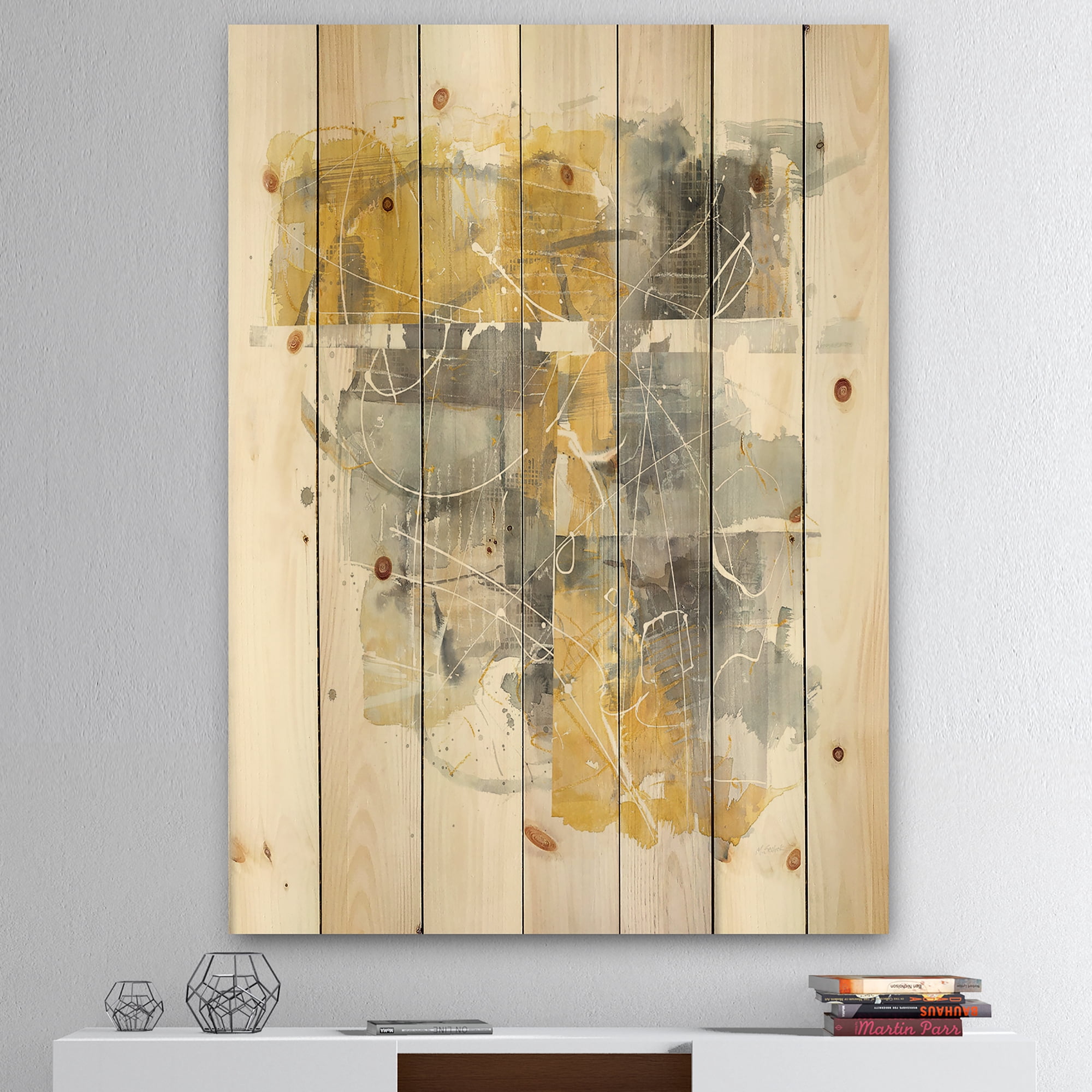 Designart 'Moving In and Out of Traffic II Yellow Grey' Geometric Print on Natural Pine Wood