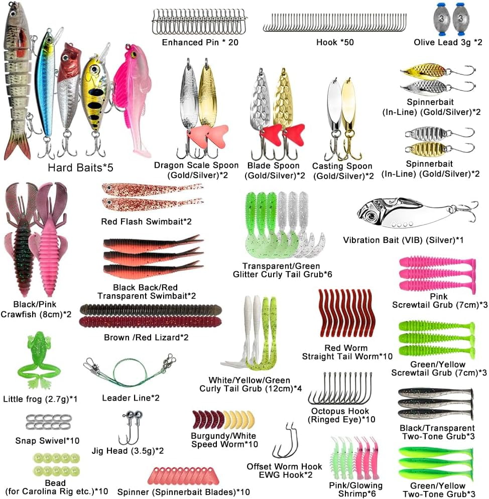 193PCS Fishing Lures Kit with Tackle Box, Freshwater Saltwater Bass Lures Set – Hard Baits, Soft Plastic Worms, Crankbaits, Spinner Baits, Frog Lures, Fishing Hooks & Accessories