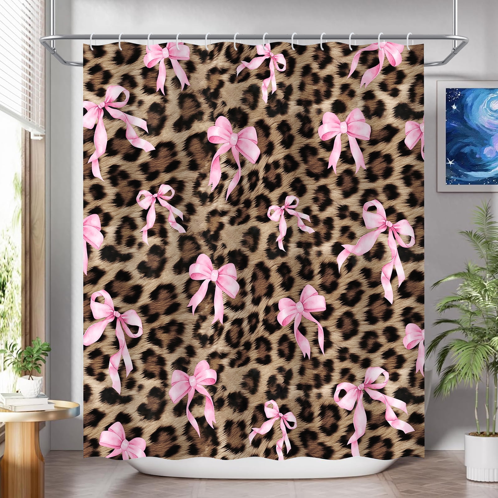 Hadint 4Pcs Brown Pink Leopard Print Bow Pattern Shower Curtain Set, Shower Curtain and Rug Set, 12 Pcs Hooks, 71inx71in
