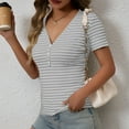 thumbnail image 5 of Bzhegqhd Women's New Summer Striped V-neck Button Hole Short Sleeved T-shirt Top, 5 of 8