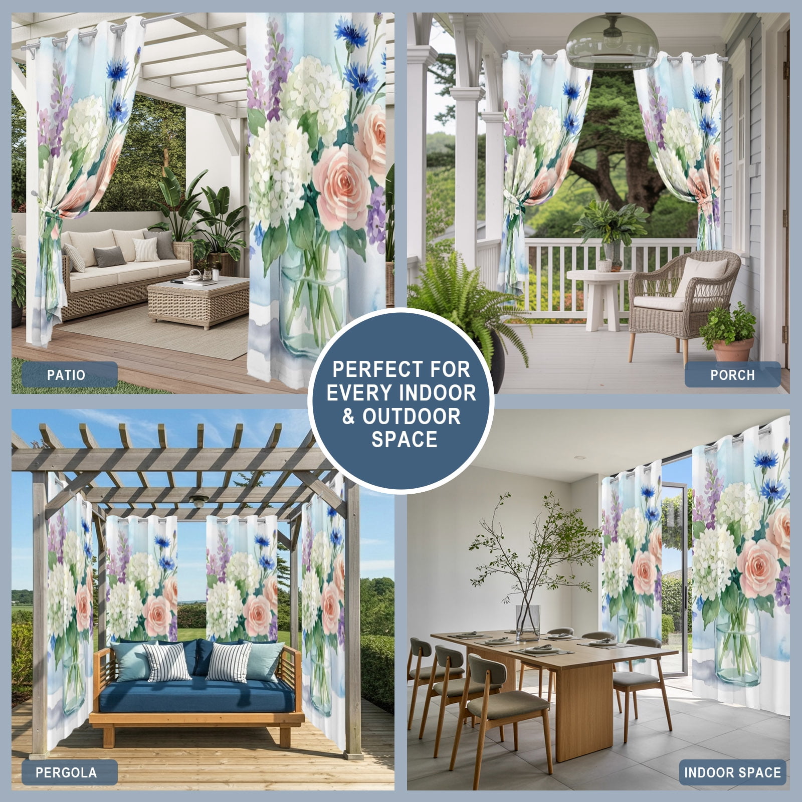 Hydrangea Flowers Lavender Rose Outdoor Curtains for Patio, Bouquet Farmhouse Sunshade Privacy Drapes Grommet Waterproof Outside Curtains for Porch/Cabana/Balcony 54"x 108", 1 Panel