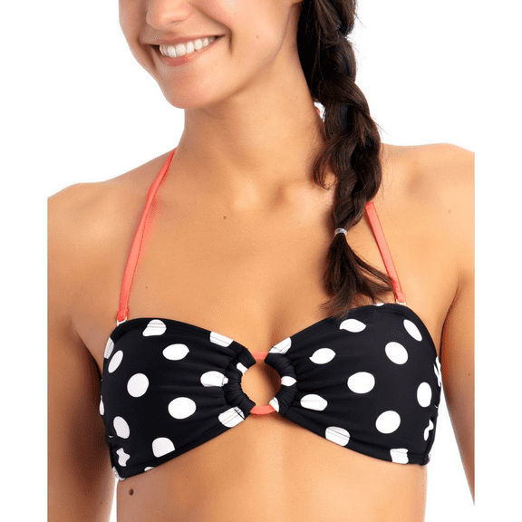 California Waves BLACK WHITE DOT Ring Bandeau Bikini Swim Top, US Large