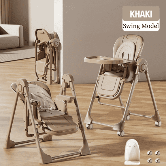Sunny Babe Convertible Baby High Chair Folding Dining Chair Baby Swing with Double Tray,Universal Wheels,PU Leather,for Babies to Toddlers,Unisex,KHAKI
