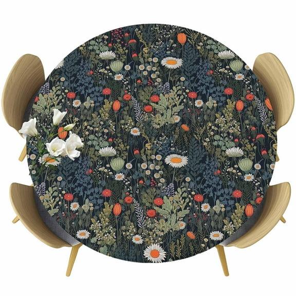 Spring Floral Table Cloth, Round Fitted Tablecloths with Elastic Edge, Summer Daisy Botanical Flowers Wipeable Waterproof Table Cover for Kitchen Wedding 36-44 Inches