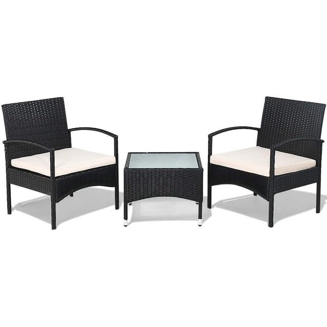 3 PCS Patio Wicker Rattan Furniture Set, Outdoor Rattan Sofa Chair and Glass Coffee Table Set, Bistro Wicker Chair Table Set with Soft Cushion for Patio Garden Lawn Backyard Poolside Turquoise