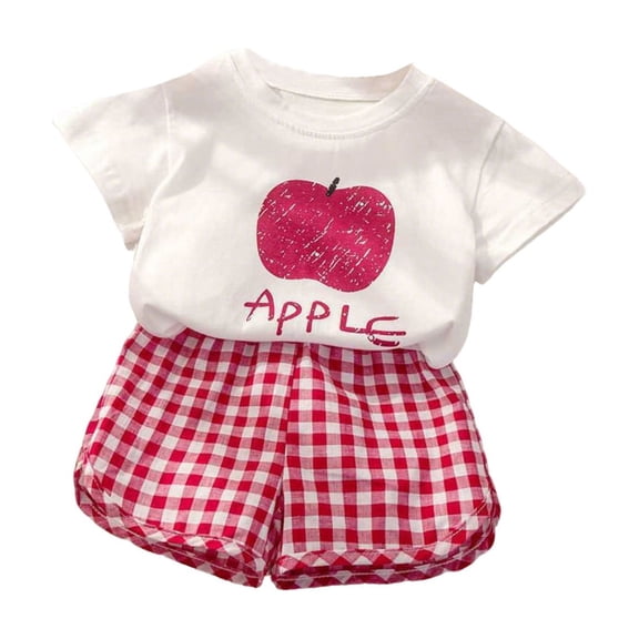 REDARER Girls Casual Wear Set, Grape Print Tee & Gingham Shorts, Soft Breathable 2-Piece Summer Outfit,2-3 Years