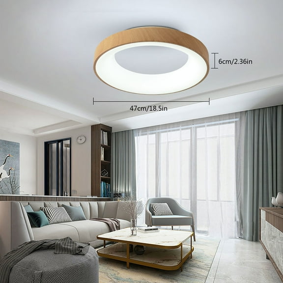 18.5inch Modern Wooden LED Flush Mount Ceiling Light 36W Minimalist Round Lighting Fixtures 3 Color Changes Ceiling Lamp for Living Room, Bedroom, Kitchen, Hallway, Laundry Room
