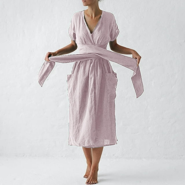 Fankiway Robe Décontractée à Manches Courtes et Col en V pour Femmes avec Poches, Ourlet Fendu, Bretelles, Grande Taille, Liquidation, Robes d'Été pour Femmes à Manches Courtes
