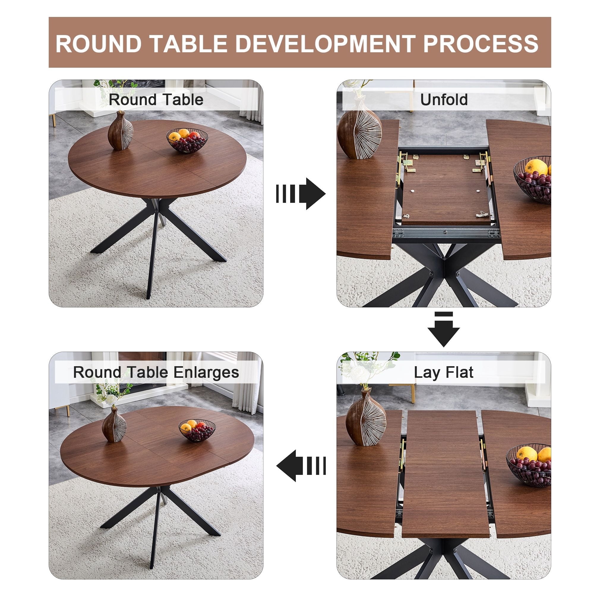 Alvantor 43"-54" Extendable Round Dining Table with Metal Legs, Walnut