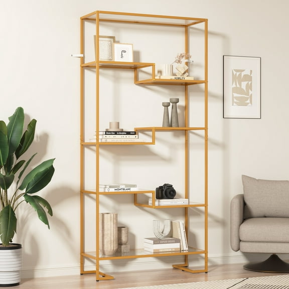 5-Tier Tempered Glass Display Shelf Bookshelf, Modern Open Shelf Bookshelf, Tall Storage Open Bookcase for Living Room, Home Office, Bedroom, Golden