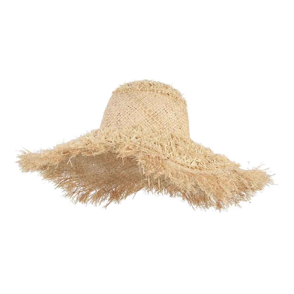 Vintage Raffia Straw Hats Floppy Wide Large Sun Hat Solid Fringe