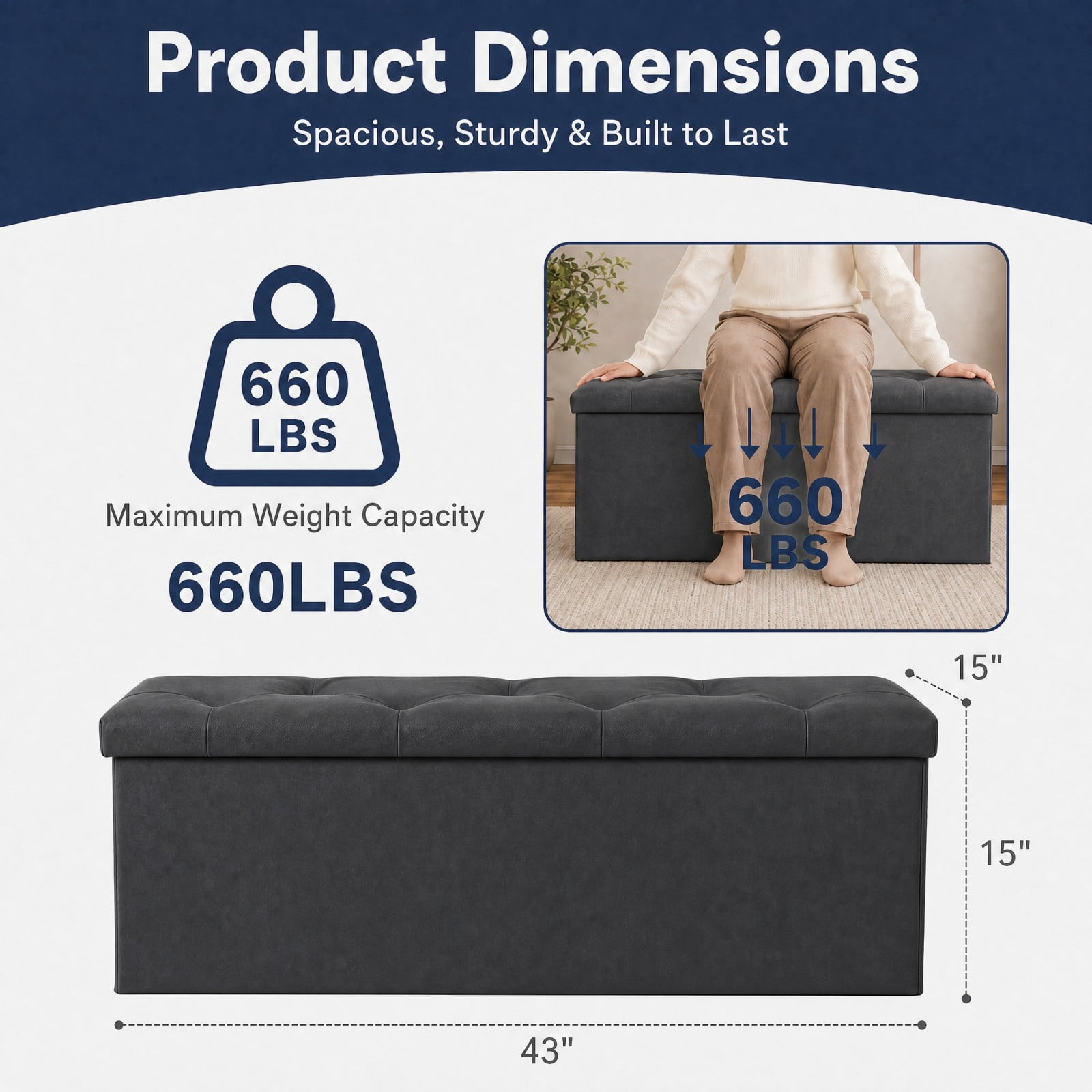 Telyra 43" Foldable Storage Ottoman Bench Faux Leather Footrest Stool with Foam Padded Seat, Black