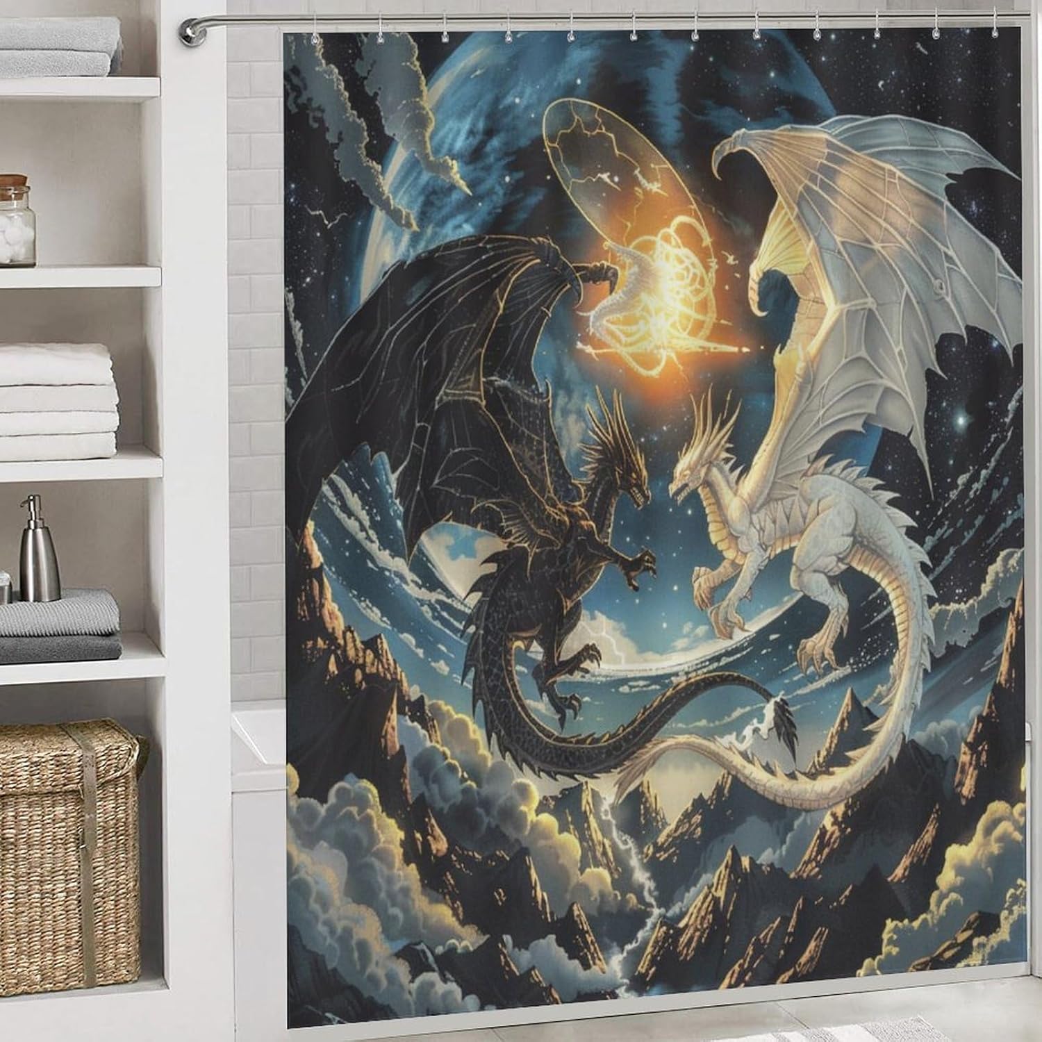 4Pcs Mystical Dragon Shower Curtain Sets, Bathroom Decor Set with Rugs, Bath Mat Retro Mountain Galaxy Fantasy Animal Shower Curtain, 72 X 72 Inch