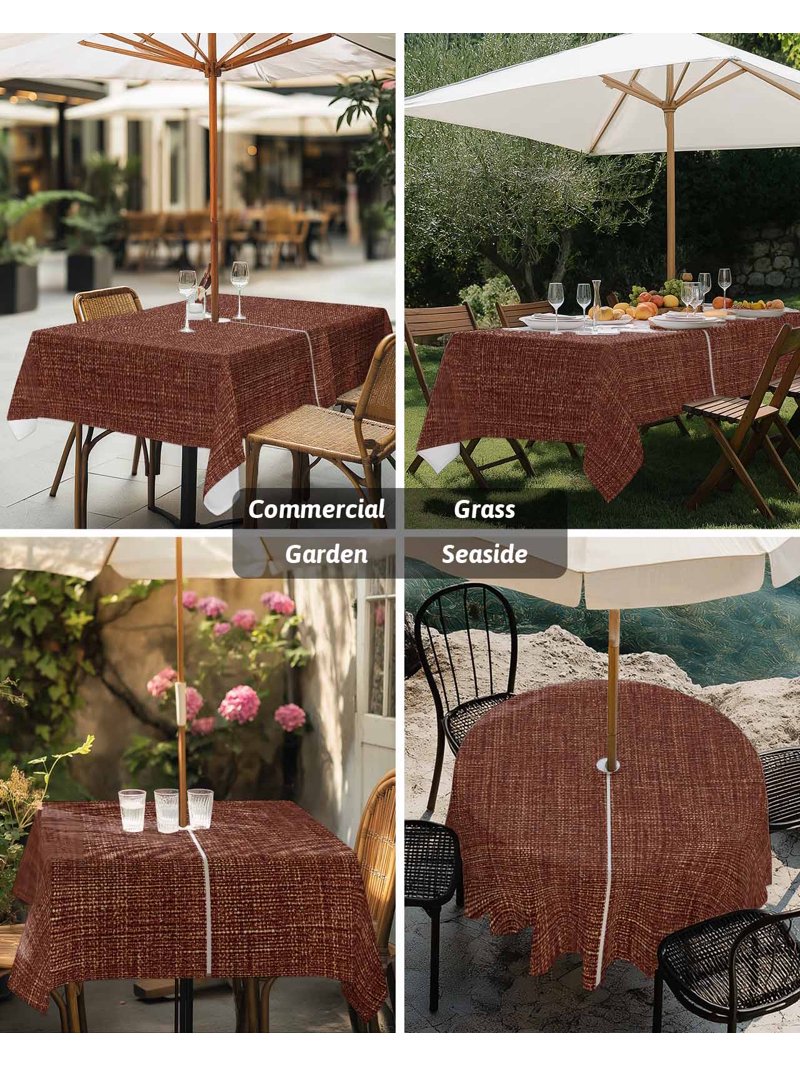 brown patio table cover with umbrella hole Puwurak Round Outdoor Tablecloth Zippered Fitted Tablecloth with Elastic Wood Grain Cloth for Picnic Party Fits 48-52