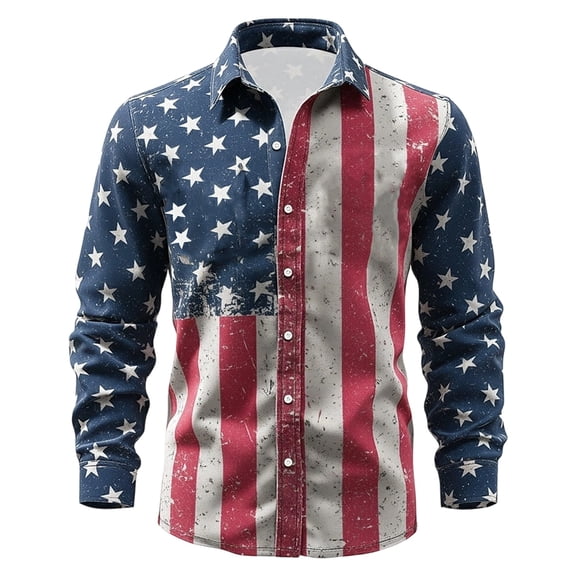 CONZONE Independence Day Men's Buttons Down Shirts 4Th Of July Long Sleeve Shirts for Men Trendy Patriotic Usa Star Striped Graphic Lapel Soft Lightweight Summer Tops