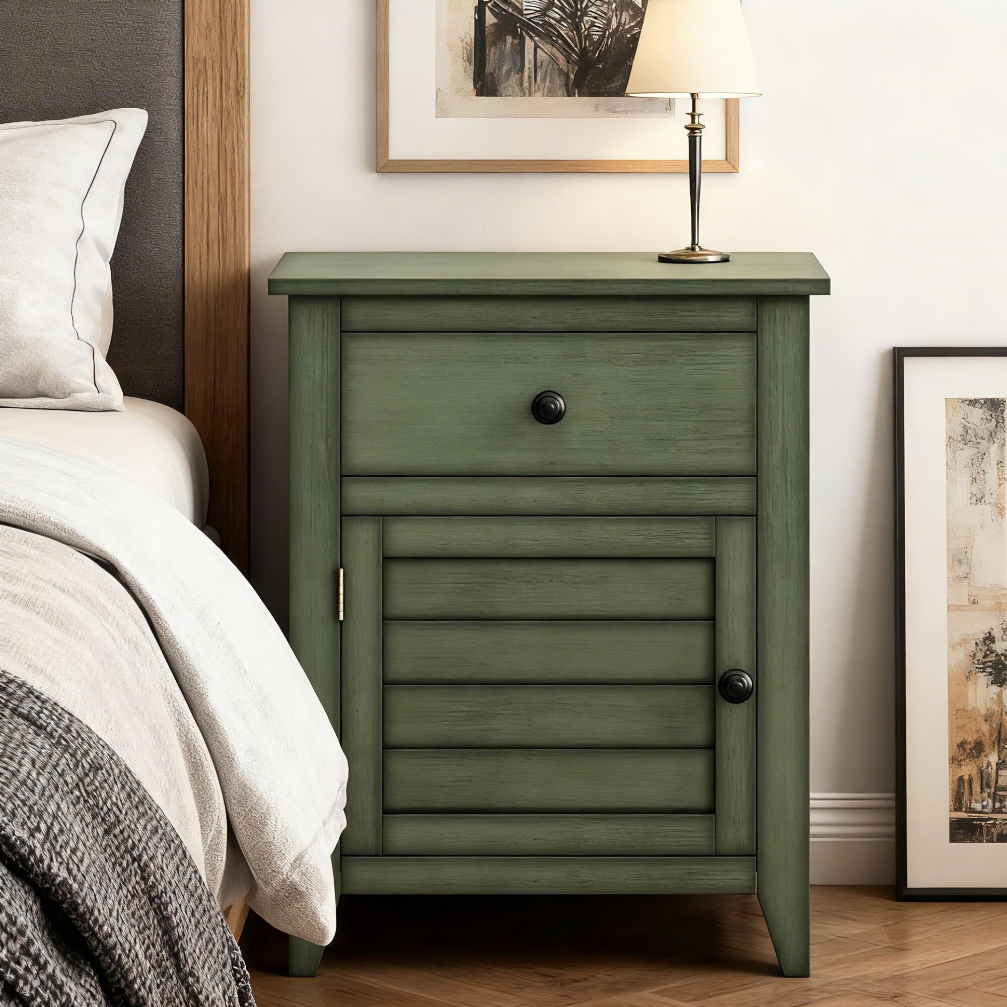 AENKYO Vintage Nightstand with Drawer & Cabinet – Hand-Brushed Side Table for Bedroom, Living Room, Retro Green