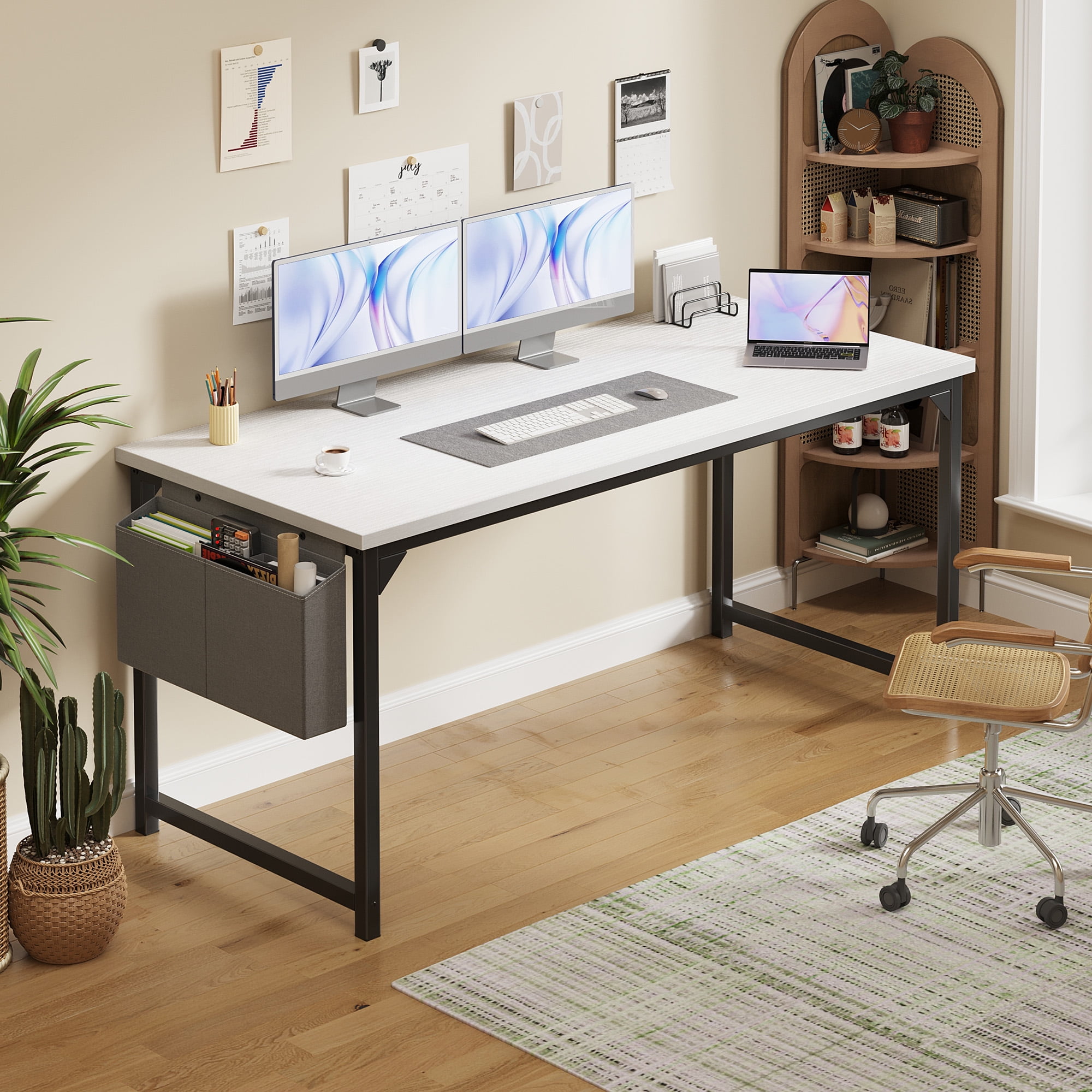 CONCETTA 63 Inch Computer Writing Desk with Storage Bag, Steel Frame for Home Office Study, White