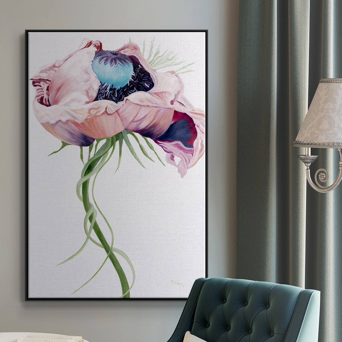 Paris Poppy II Framed Premium Gallery Wrapped Canvas - Ready to Hang - 27 x 41 - Black Floating Frame