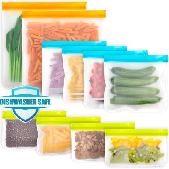 Reusable Storage Bags 10 Pack, BPA‑Free Food Grade PEVA, Leakproof Freezer & Sandwich Bags with Double Seal for Lunch, Meat, Fruit, Cereal