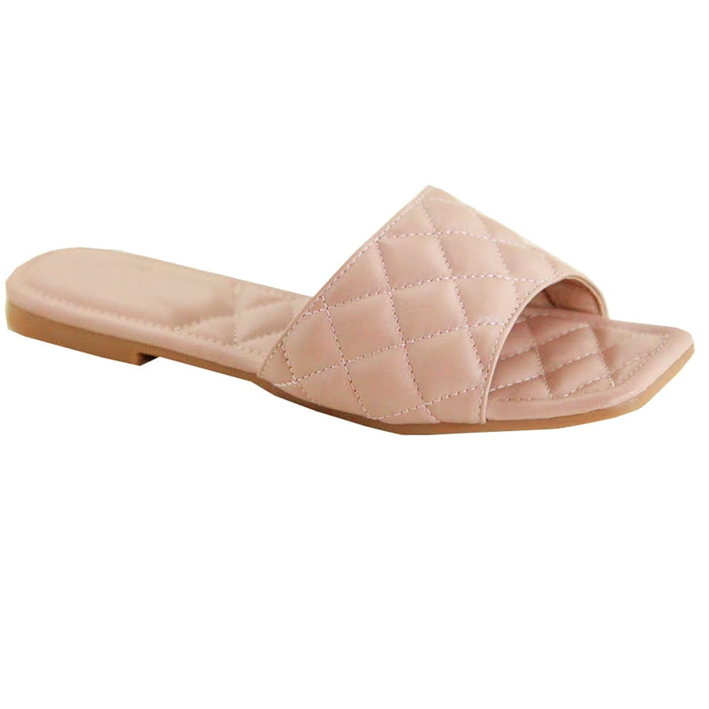 tan quilted slides