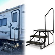 HECASA Universal 3 Steps Stairs Steel for RV Travel Trailer Camper Trailer W/ Side Load Hand-railing Armrest Hand Rail