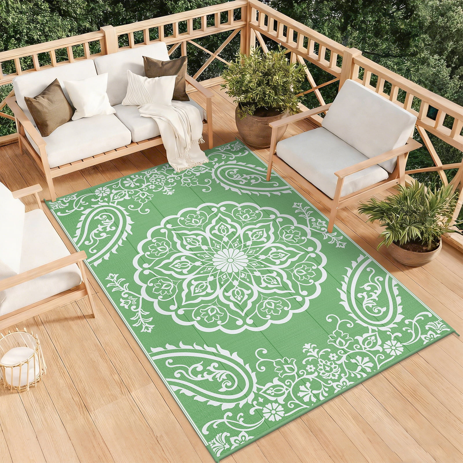 MeyJey 6'x9' Outdoor Rugs for Patio, Patio Rug Waterproof RV Mats, Plastic Straw Camping Area Rug for Indoor Porch Balcony Beach Mat, Green