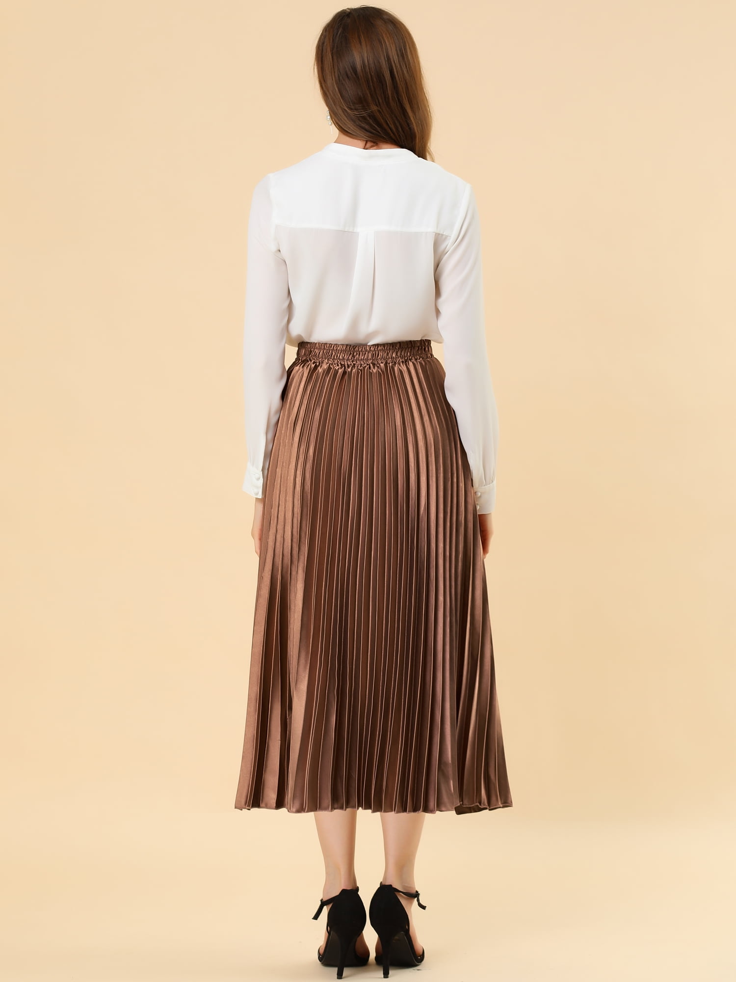 DARING DIVA Women's Midi Length Elastic High Waisted Pleated Skirt 3XL Brown