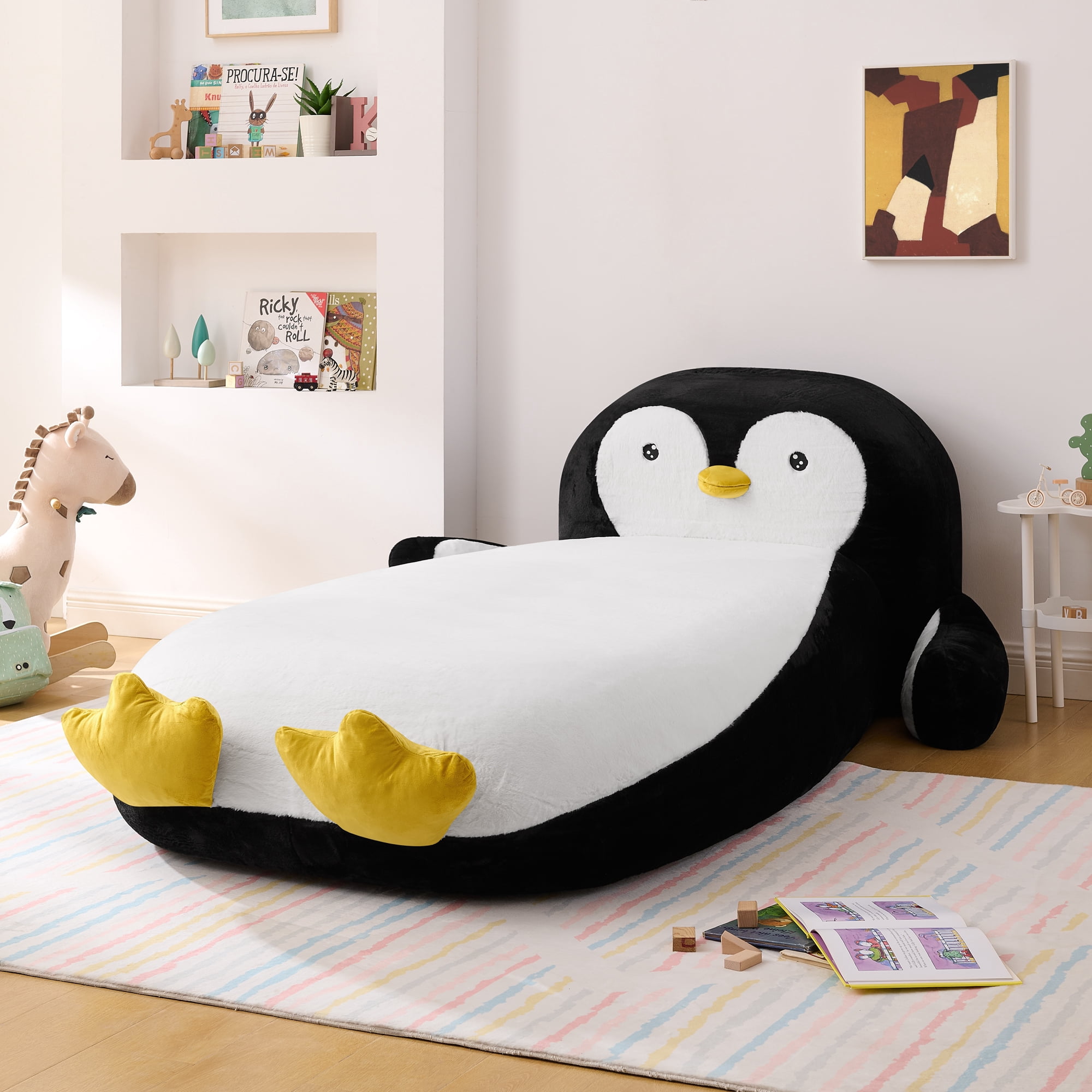 Mintazer Twin Penguin Shaped Kids Floor Bed, Fluffy Faux Fur Upholstered Toddler Lounger Bed for Boys Girls Bedroom, No Box Spring Needed