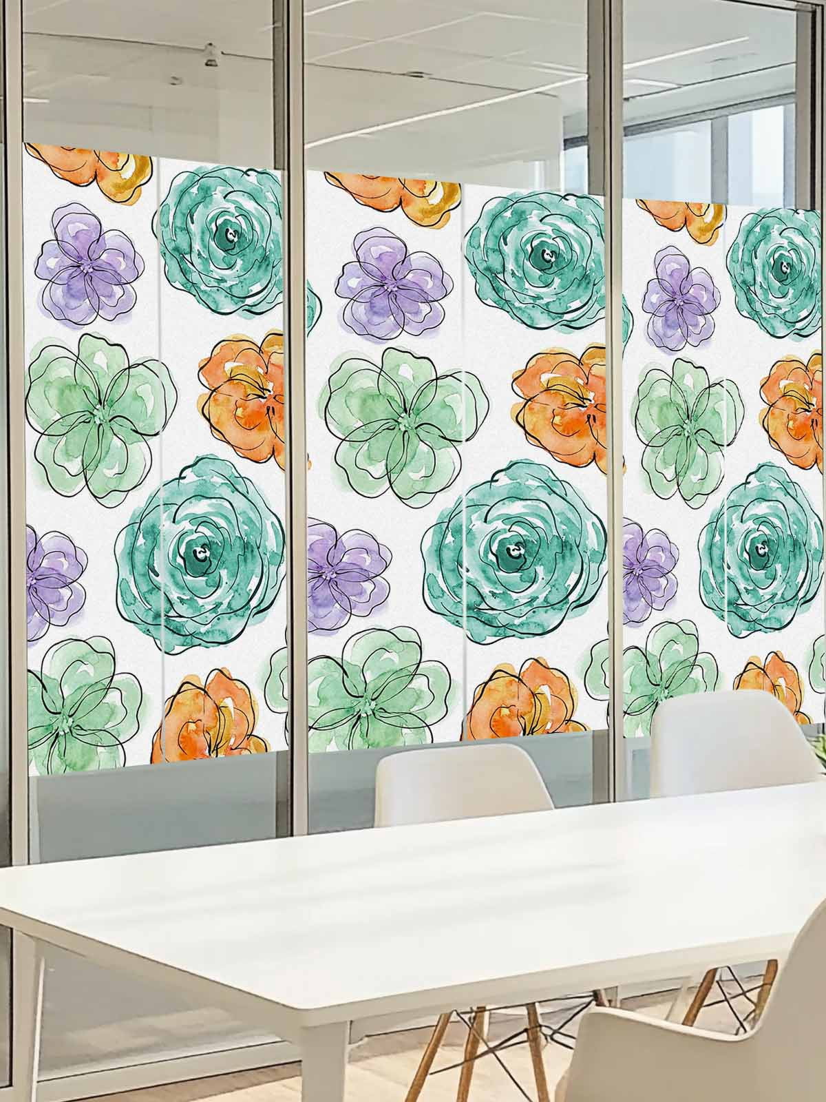 Abstraction Art Window Privacy Film, Watercolors Flowers Minimalist Lines Modern Frosted Glass Window Clings Static Cling UV Heat Blocking Reusable Door Sticker for Bathroom 23.6 x 59 Inch