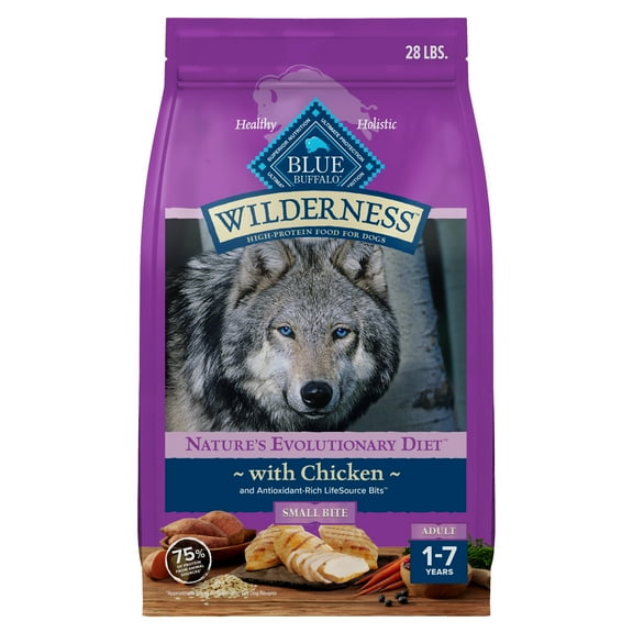 Blue Buffalo Wilderness Natural High-Protein, Small-Bite Dry Food for Adult Dogs, Chicken, 28-lb bag.