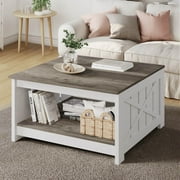Dextrus Coffee Table with Storage, Square Wood Farmhouse Coffee Table with Barn Door for Living Room, Brown