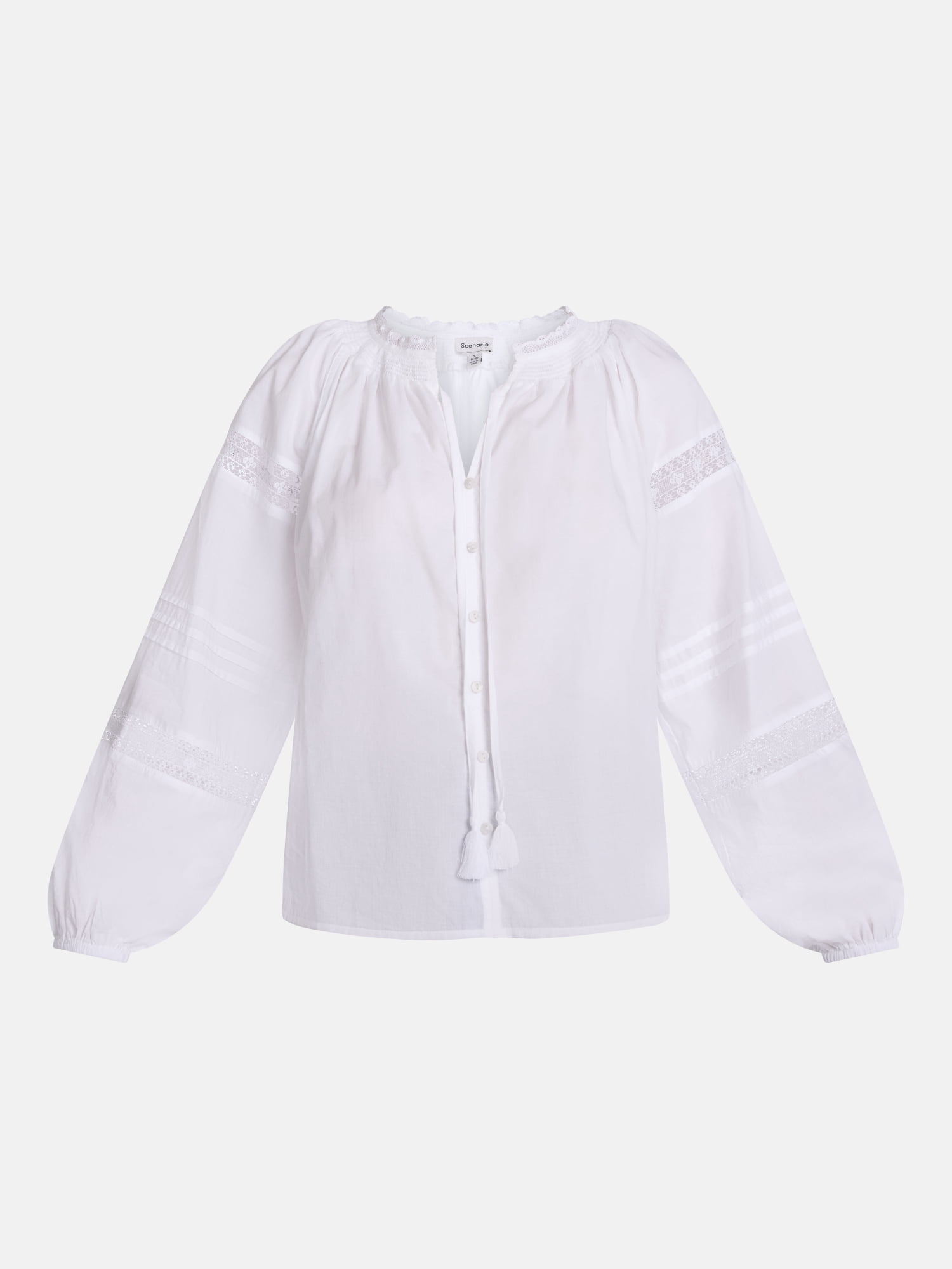 Scenario Women's and Women's Plus Smocked Neck Top with Lace Inserts, Sizes XS-4X