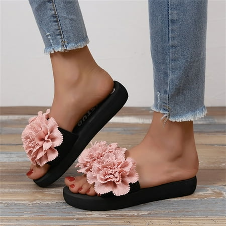 

PEASKJP Women s Slippers Summer Women Wedge Heel Lightweight Round Toe Beach Non-Slip Slippers Arch Support Slip on Flat Sandals Pink 7