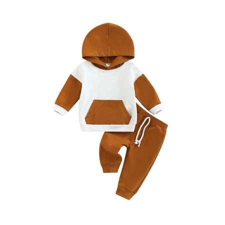 

JYYYBF 0-3Y Autumn Toddler Baby Boys Girls 2pcs Clothes Sets Color Patchwork Long Sleeve Hooded Pocket Top Pants Caramel 12-18 Months