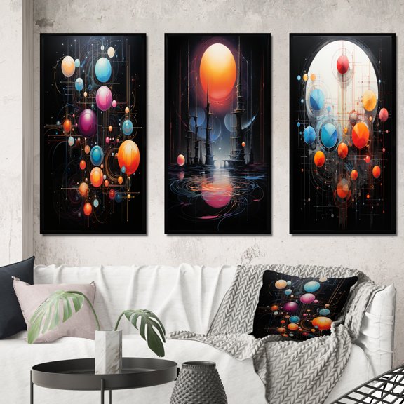 Designart " Future Moon Obscurity Abstracted Landscapes III" Minimalism Framed Wall Art Set Of 3 - Orange Abstract Minimalism Frame Gallery Wall Set For Home Decor