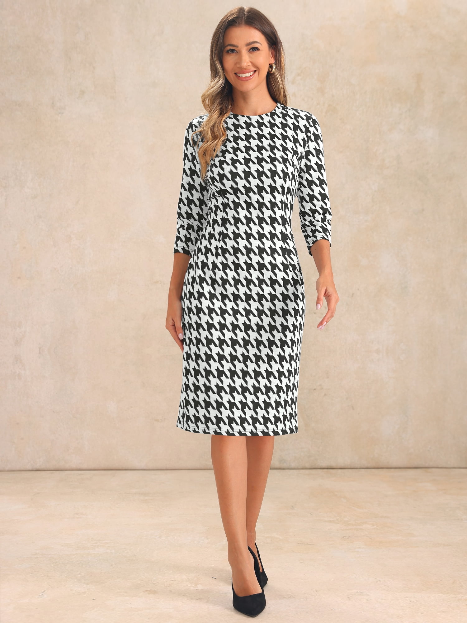 DARING DIVA Vintage Houndstooth 3/4 Sleeve Bodycon Dress M Black