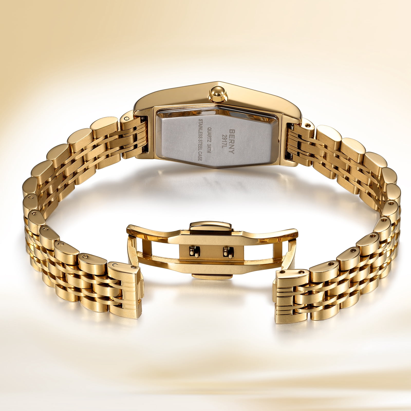 BERNY Gold Watches for Women, Dainty Luxury Diamond Stainless Steel Bracelet Watch, Adjustment Tool Included, Waterproof, Fashion Ladies Analog Quartz Wristwatch, Small Gold Watch Gifts (White)
