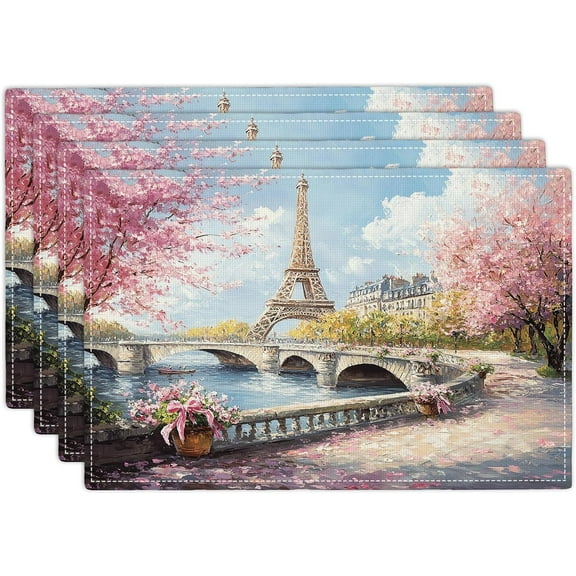Paris Placemats Set of 4, French Eiffel Tower Place Mats, Pink Florals Dining Table Mats, Retro Washable Placemats for Kitchen Dining Room Home Decor 18L'' × 12W''