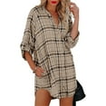 thumbnail image 2 of IROINNID Womens Plus Size Tops Home Loose V Neck Buttons Plaid Print Long Sleeve Pockets Mini Shirt Dress,Khaki, 2 of 6